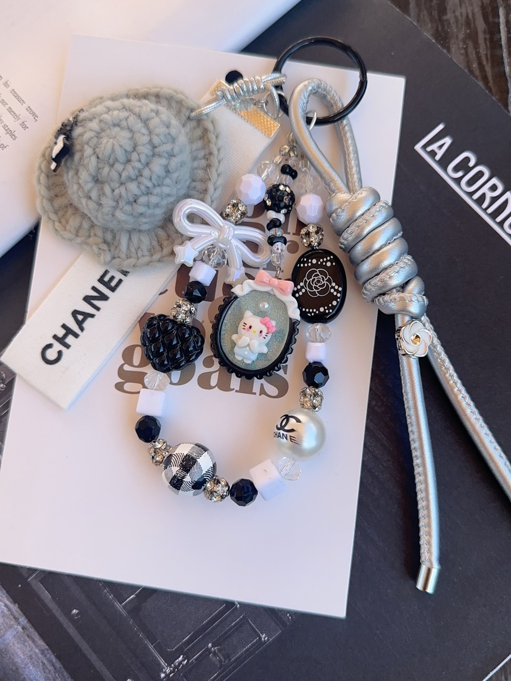 Authentic CC Ribbon with unbranded White & Black Beaded Bag Charm - Picture 3 of 4